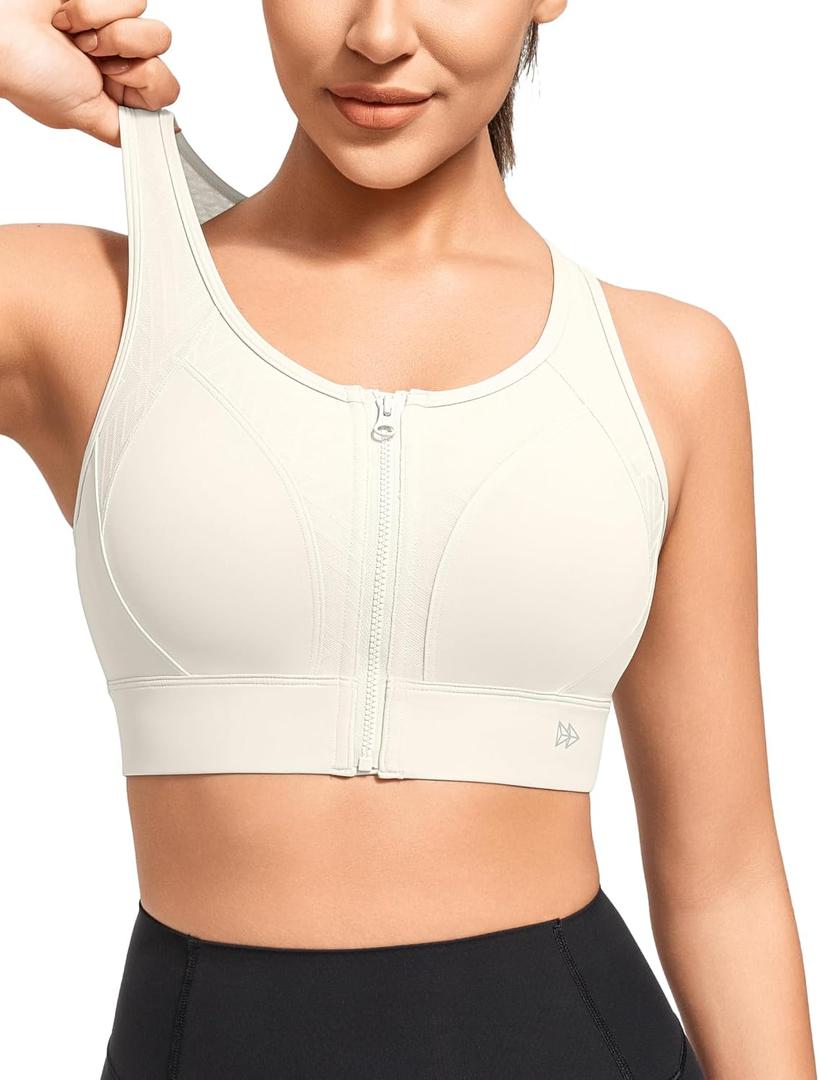 Yvette High Impact Support Sports Bras for Women Zip Front Closure Sports Bra Plus Size Supportive Mold Cups Running Workout, Medium Plus, Off-white