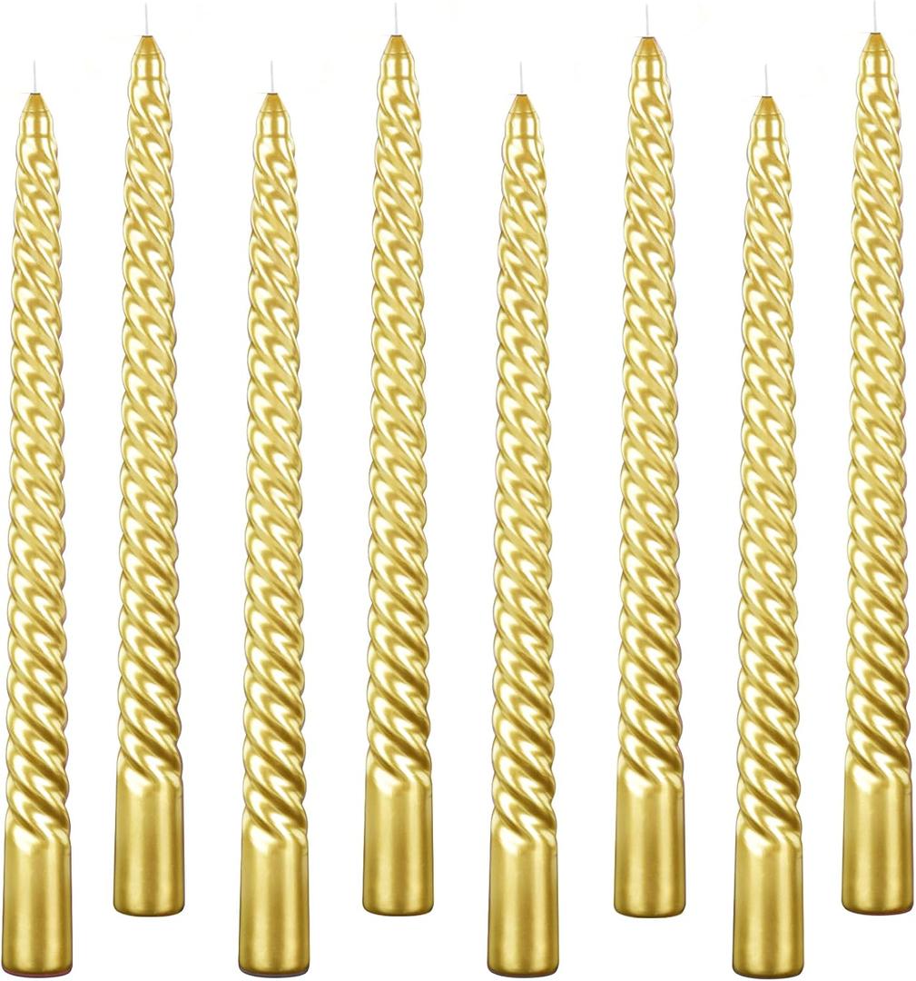 Kemladio 8pcs 10 inch Taper Candles, Burning Unscented Tapered 7.5 hrs, Fancy Dinner,Tall Candle Sticks, Halloween Party Decorations (8pcs, Gold)
