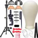 Wig Stand Tripod with Heads, Canvas Block Head Mannequin Head Stand Wigs Display Styling Head With Mount Hole for Wigs Making Display with Wig Caps, T Pins C Pins Set Bristle Brush