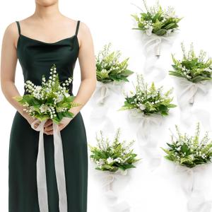 Ling's moment Bridesmaid Bouquet Set of 6, Bridal Bouquets for Bridesmaids, 7 Inch Wedding Bouquets for Bridesmaids, Wedding, Ceremony, Anniversary, etc. (Wht-lily of the Valley White)
