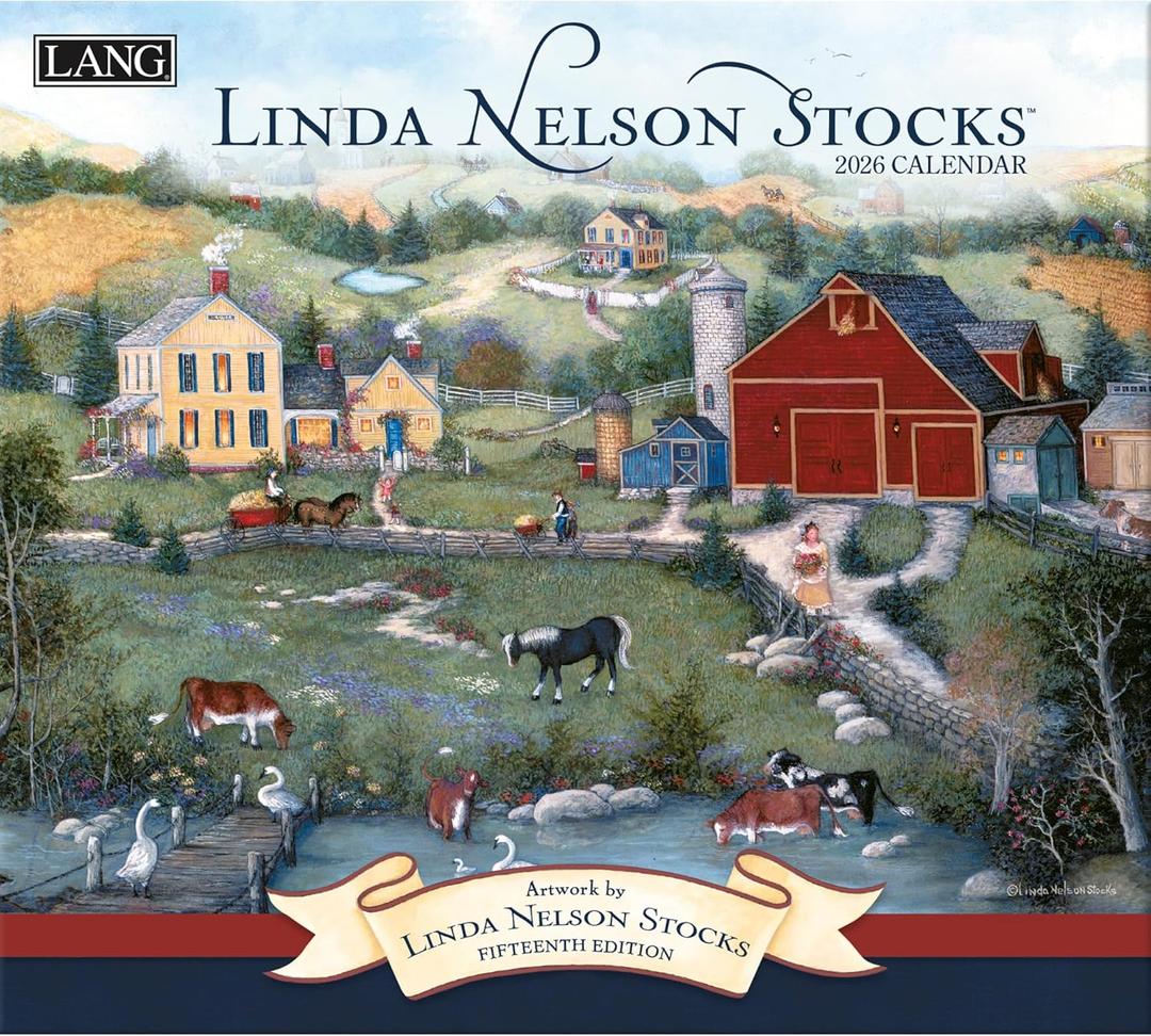 Lang Linda Nelson Stocks 2026 Wall Calendar  13.4"  12", 12-Month Calendar with Stapled Binding, Linen-Embossed Americana Art, Nostalgic Small-Town & Countryside Scenes
