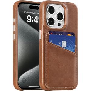 LUCKYCOIN Genuine Leather Wallet Phone Case for iPhone 15 Pro, Phone Purse with 2 Credit Card Holder, Compatible with iPhone 15 Pro, Metal Button Bumper Protective Shockproof Cover Dark Brown