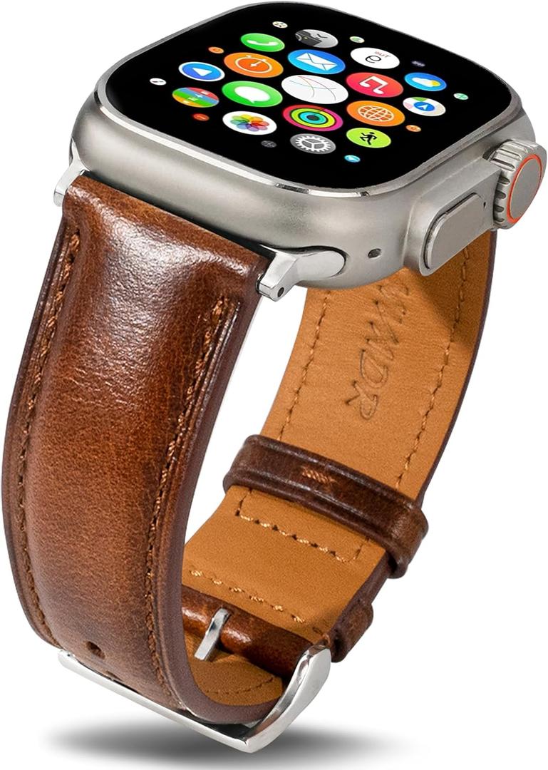 Vintage Leather Bands Compatible with Apple Watch Band 38mm 40mm 41mm 44mm 45mm 46mm 49mm,Wax Oil-tanned Leather Strap for Men Women iWatch Ultra 3/2/1 SE SE2 SE3 Series 11 10 9 8 7 6 5 4 3 2 1 (Tan/Silver/Matching Stitch)