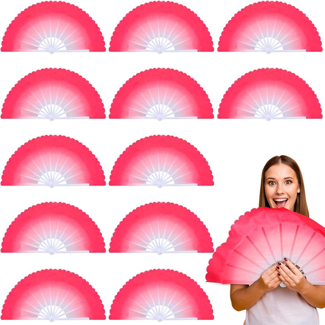 12 Pcs Large Chinese Dancing Fans 17 Inch Pink Plastic Folding Taichi Kungfu Handheld Fans for Line Dancing Chinese Folk Dance Arts Martial Sports Performance Festival Decorations Gifts