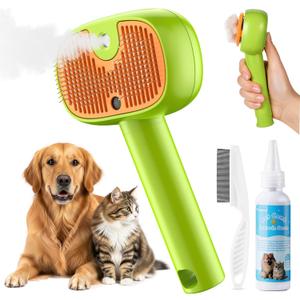 4-in-1 Cat Steam Brush, 2025 Upgraded Pet Steam Brush for Indoor Cats Dogs Spray Hair Removal Comb, 2 Spray Self-Cleaning Dog Brushes for Shedding,Massage,Cleaning Grooming (Green)