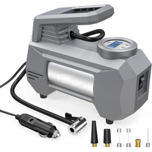 HAUSBELL 150 PSI Tire Inflator Portable Air Compressor for Car Tires, Air Pump for Car, 12V DC-Powered Tire Pump with Valve Adapter, Digital Pressure Gauge, Emergency LED Light for Bicycle, Grey