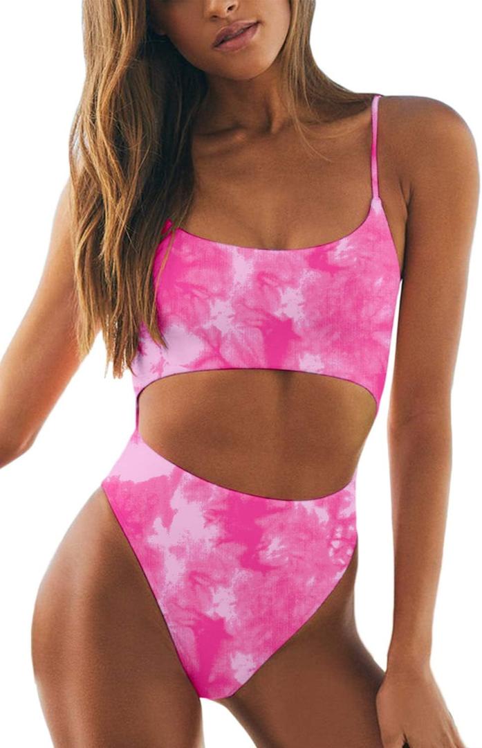 Meyeeka Womens Scoop Neck Cut Out Front Lace Up Back High Cut Monokini One Piece Swimsuit (Large, Tie Dye - Rosy)
