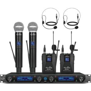 MicrocKing Wireless Microphone System, UHF Cordless Mic Set with 2 Handheld Mics/2 Lavalier Bodypacks, Metal Build, Fixed Frequency, Long Range, Ideal for Karaoke/Party/Wedding/Concert