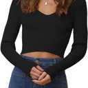 Ezbelle Women's V Neck Sweater Long Sleeve Crop Tops Sexy Ribbed Knit Pullover Shirt Trendy Blouse Fall Top (Medium, Black)