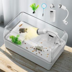 AZV Turtle Tank Habitat Kit,Complete Aquatic Tortoise Starter Enclosure with Filter,Basking Platform with Hideout,Multi-Function Area,Drainage,Plants and Lamps,Perfect for Red Eared Slider Aquarium (M(17.12*10.24*8.66IN))