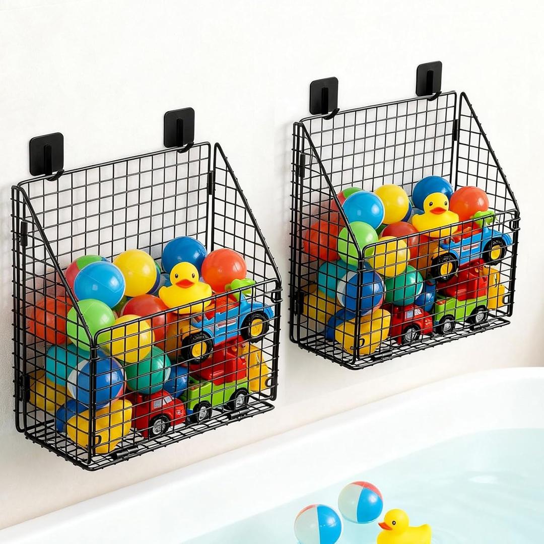 Large Bath Toy Storage, Metal Bathtub Shower Toy Holder, Foldable bath Tub Toy Organizers, Bathroom Toy Storage with Drainage for Sorting Toys/Clothes/Toiletries (2pc black)