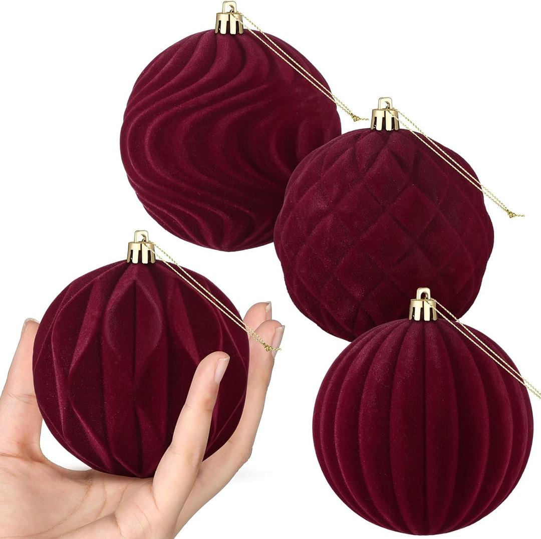 Blueweenly 12 Pcs 4 Inch Burgundy Large Velvet Christmas Ball Ornaments Vintage Christmas Plastic Ball Ornaments Flocked Tree Hanging Decoration for Xmas Party Wedding Home Decor