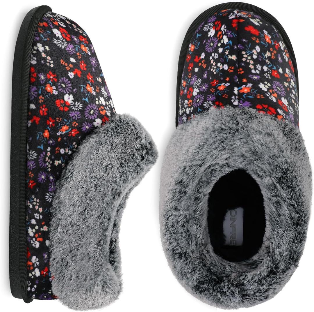JOINFREE Women's Slippers Fuzzy House Shoes with Memory Foam Slip-on Comfy Bedroom Slippers Indoor Outdoor Shoes with Warm Faux Fur Collar (7-8, Multi Flower)