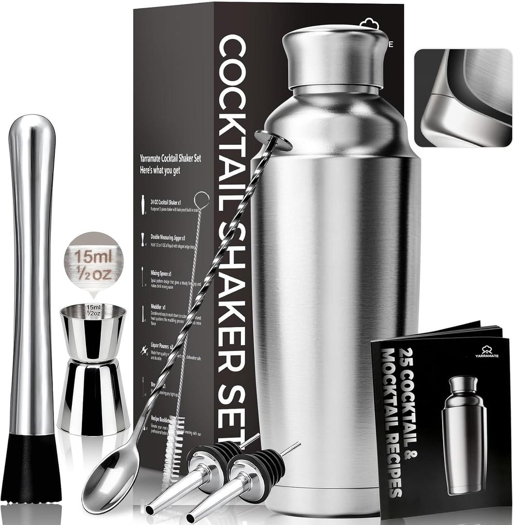 YARRAMATE 8Pcs 24oz Hybrid Vacuum Insulated Cocktail Shaker Set with Strainer, Premium Double Wall Stainless Steel Martini Shaker for Home Bar Bartending with Leakproof Seal, 25 Recipes | Gift Set