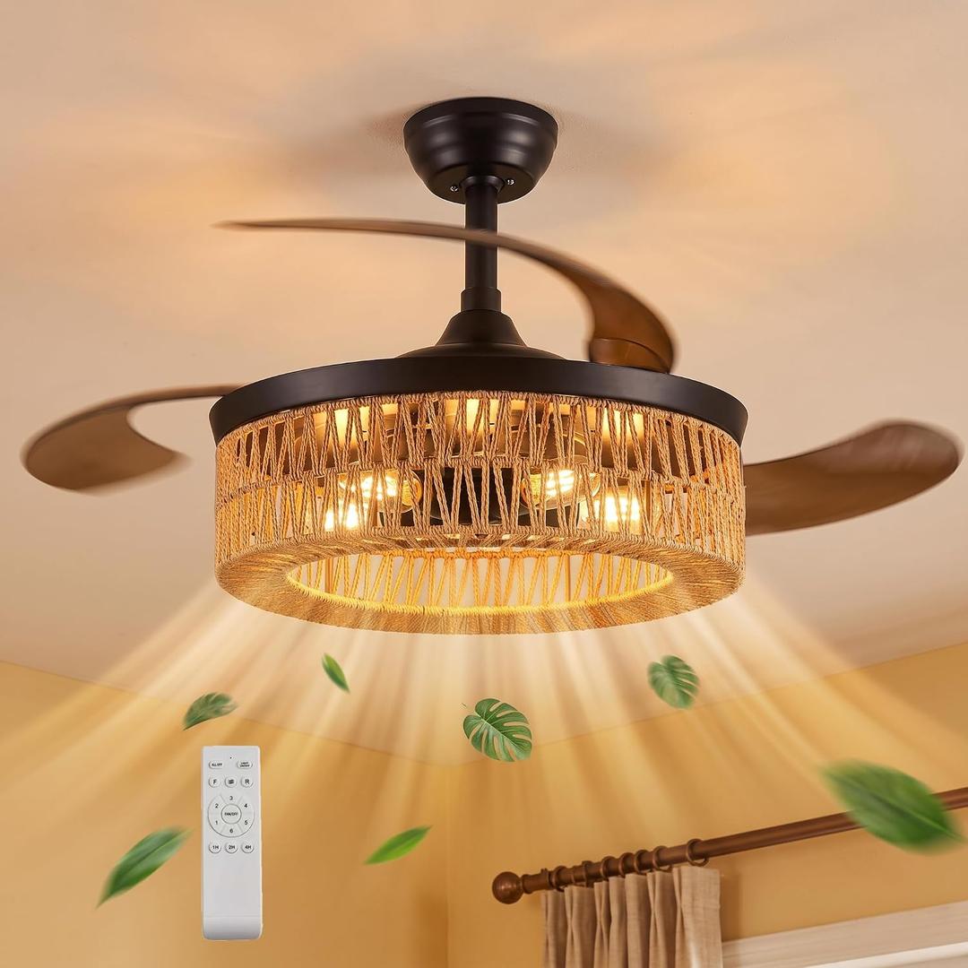 48 Inch Retractable Ceiling Fans , Boho Caged Farmhouse Ceiling Fanwith Lights and Remote, Invisible Rattan Fandelier with 6 Speeds,Timer Reversible,Chandelier Fan for Living Room Bedroom Dining Room