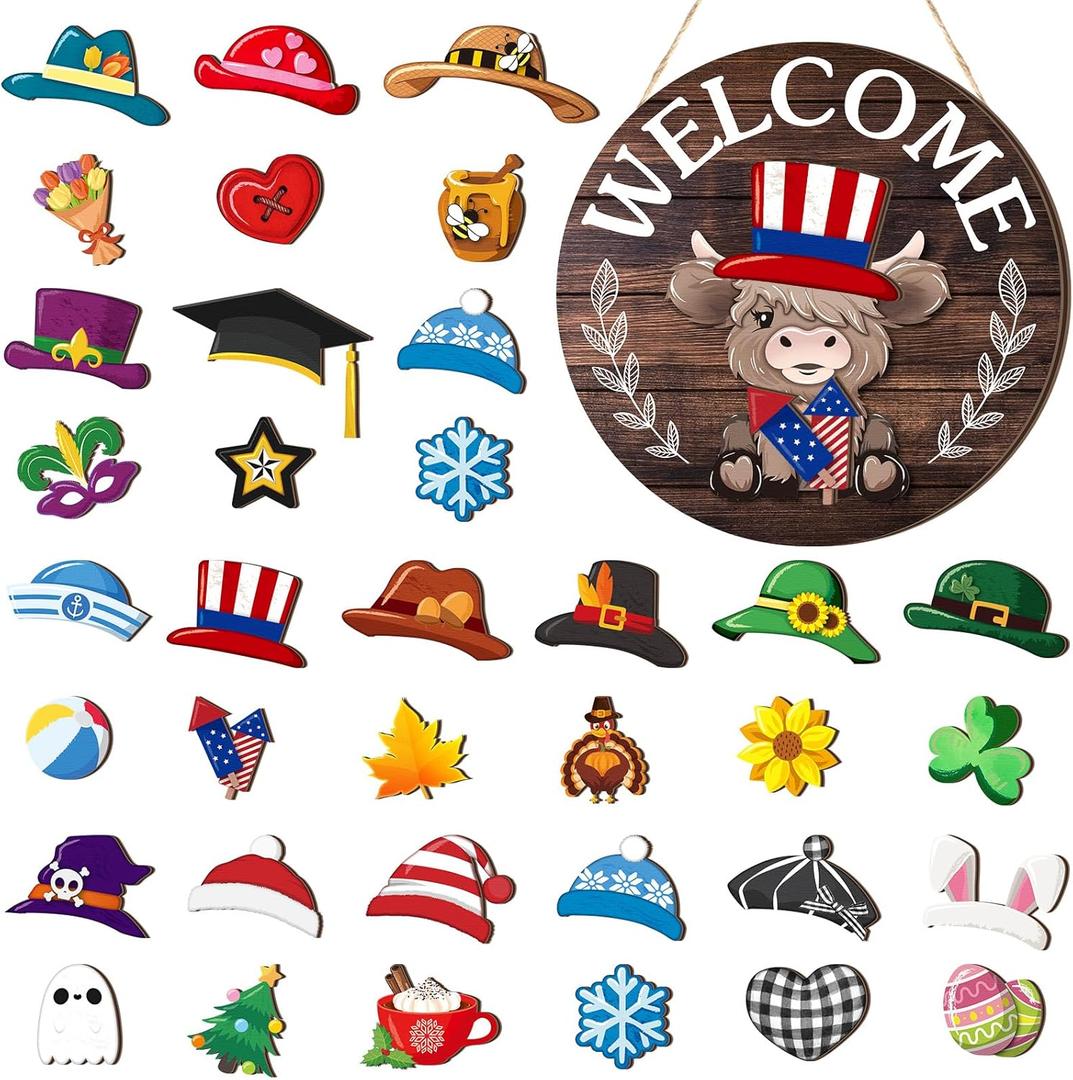 35 Pcs Holiday Interchangeable Highland Cow Welcome Sign Highland Cow Seasonal Wooden Hanging Door Decor Easter Farmhouse Hanging Sign for Front Door Patriotic Party Decoration (Colorful)