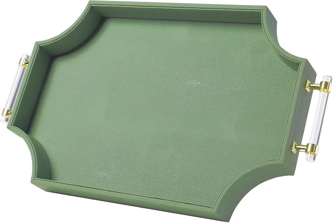 22.6'' 13'' Coffee Table Tray Shagreen Decorative Tray for Ottoman Home Decor Serving Tray with Acrylic Gold Handles Modern Elegant Scalloped Large Ottoman Tray