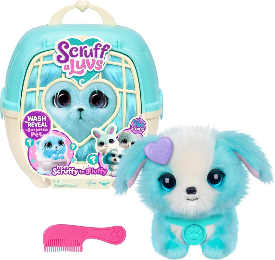 SCRUFFALUVS Blue Surprise Pet, Mystery Plush Toys, Stuffed Animals, Wash to Reveal 1 of 3 Rescue Surprise Toy Pets: Puppy, Bunny, or Kitty - Includes 8.7" Deluxe Carrier