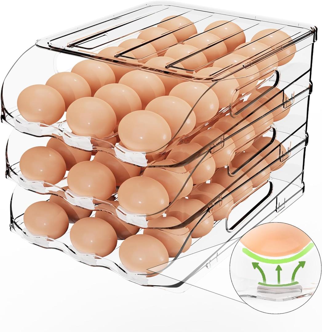 SMRCAD Egg Holder for Fridge, Automatic Steady Rolling Egg Dispenser with Silicone Bumpers & Handle for Refrigerator, Large Capacity Egg Organizer with Lid
