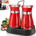 Salt and Pepper Shakers, Farmhouse Salt and Pepper Shakers Set with Holder, electroplated Handle, 4 oz Stainless Steel Glass Bottle Dispenser, for Table, RV, Camp, BBQ (Red)