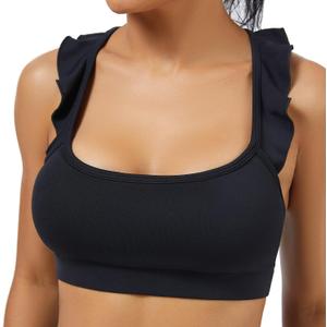 Women's Sports Bras Ruffled Y Back Padded Racerback Supportive Workout Yoga Bra, Large