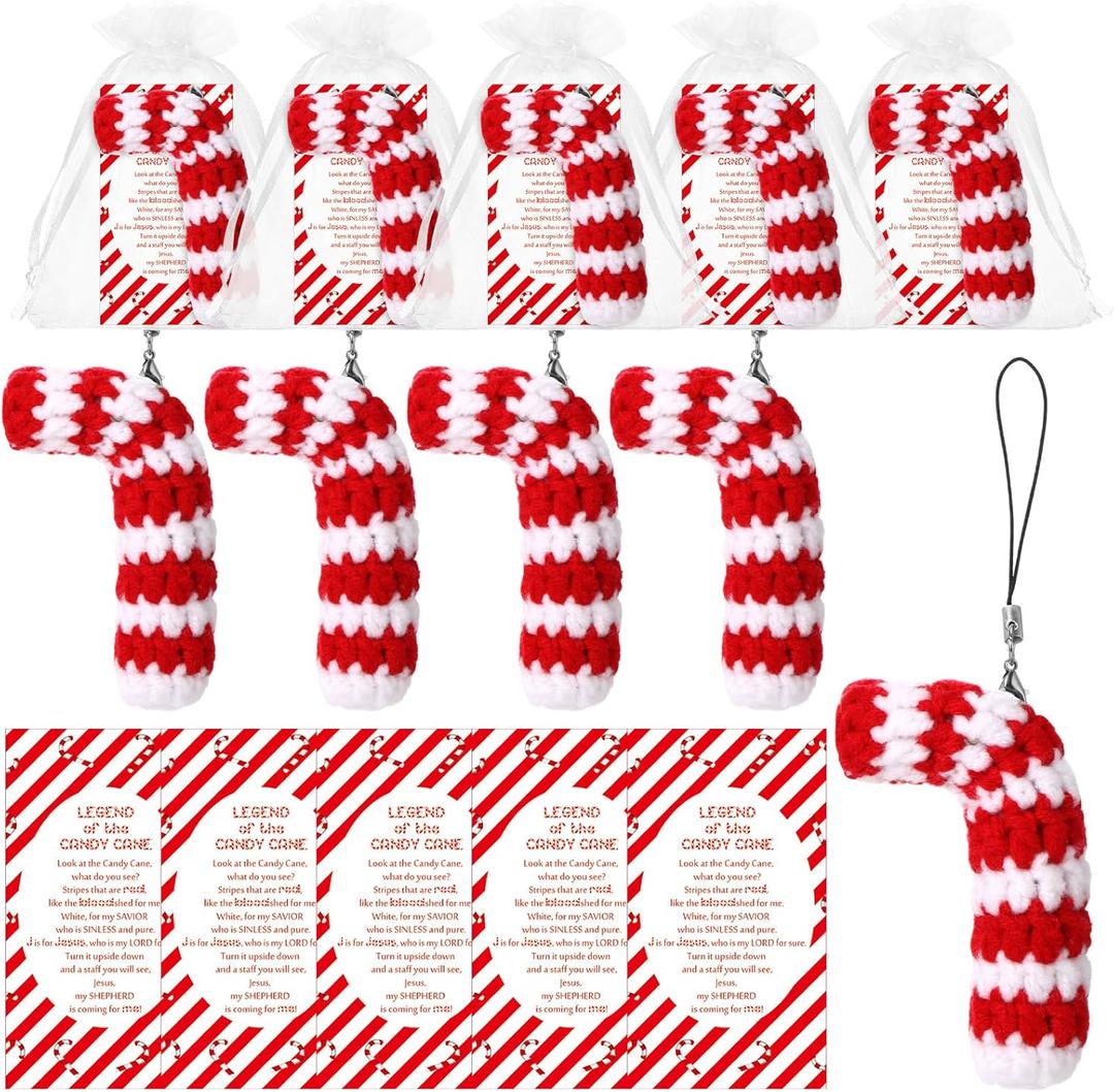 12 Sets Christmas Crochet Candy Canes Ornaments Handmade Christmas Christian Gift with Legend of Candy Cane Cards for Xmas Tree Decor Church Gathering Employee Friends Family Coworkers Party Favors