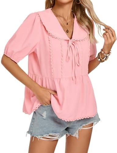 Kate Kasin Womens Dressy Casual Blouse Short Sleeve Tops Drawstring Cute V Neck Collared Shirt Summer Top 2025, Size: XL