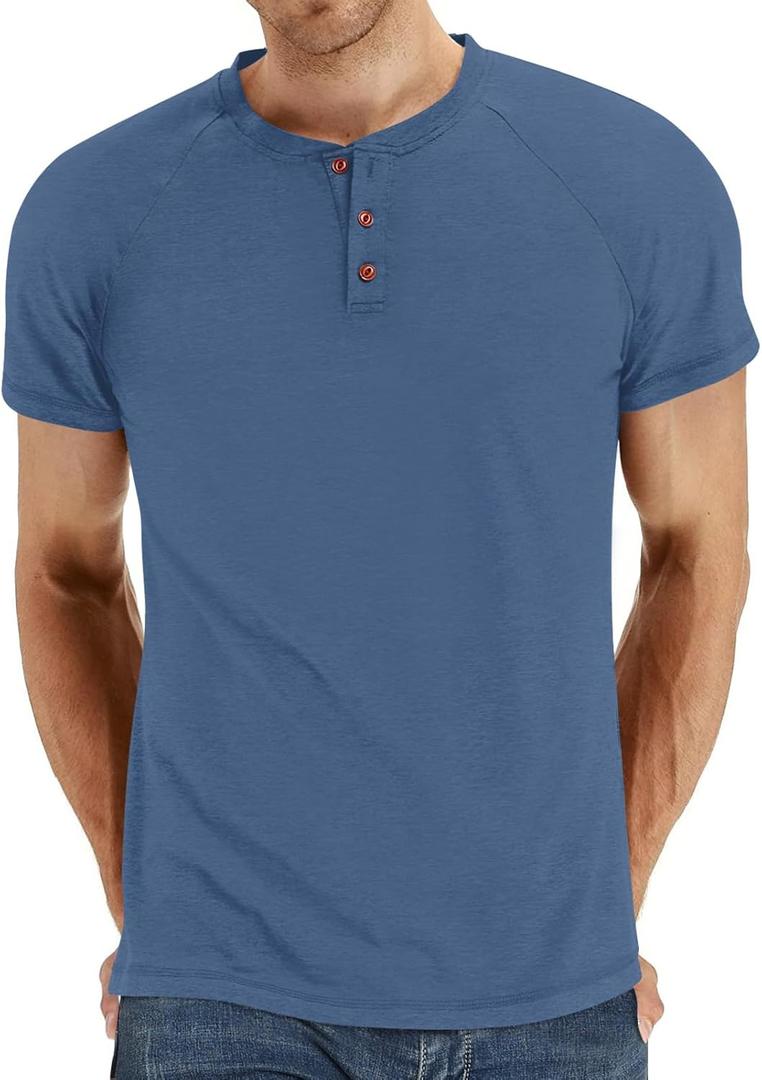 XUZHU Men's Summer Polo Shirts Short Sleeve Cotton Casual Henley T-Shirts Button Raglan Sleeve Tees (Blue, XL)