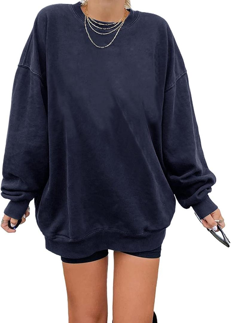 Ebifin Women's Oversized Long Sleeve Sweatshirts Pure Color Round Neck Casual Pullover Shirt (X-Large, Navy)