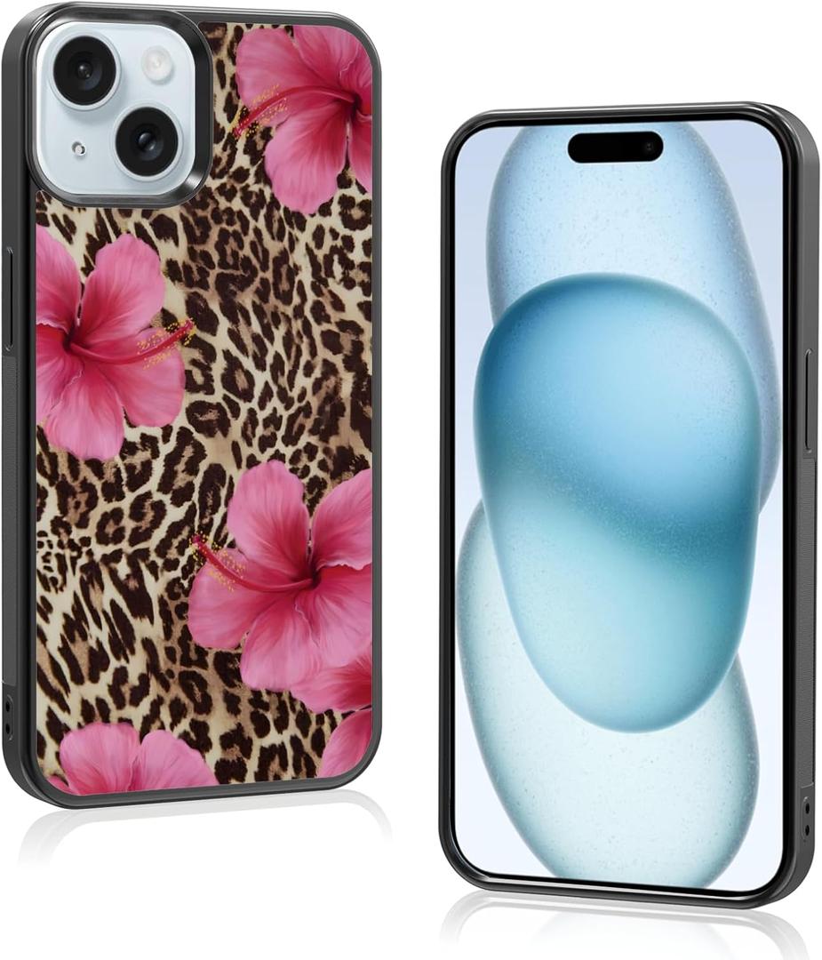 Cute Pink Hibiscus Flowers Leopard Cheetah Print Aesthetic Phone Case for iPhone 15 Case for Women Girls -6.1Inch