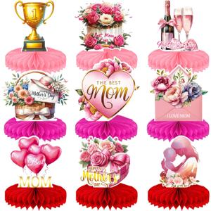 Mothers Day Table Decorations - Mother's Day Decorations Centerpieces for Tables, 9Pcs 3D Best Mom Honeycomb Centerpiece Red Pink Flower Table Topper for Mother's Party Supplies, Gifts for Mom