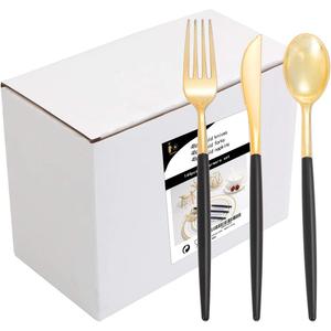 I00000 144 PCS Black Silverware Set, Plastic Silverware with Black Handle, Gold Plastic Cutlery Includes: 48 Forks, 48 Knives and 48 Spoons for Party or Dinner& Wedding