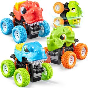 Dinosaur Toys for 2 3 4 5 Year Old Boys - 3 Pack Monster Truck Toys with Friction Power 360 Rotating Push and Go Cars - Toddler Cars for Kids, Christmas Birthday Gifts for Kids Boys 3-5