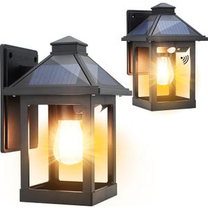 CYHKEE 2 Pack Solar Wall Lanterns Outdoor with 3 Modes, Dusk to Dawn Motion Sensor LED Sconce Lights IP65 Waterproof, Exterior Front Porch Security Lamps Wall Mount Patio Fence Garage Decorative