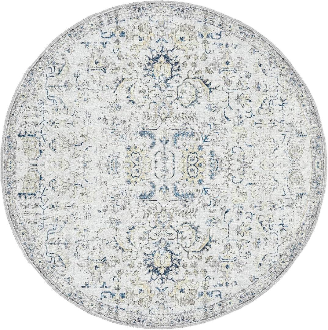 jinchan Kalen Round Rug 4ft Area Rug Entryway Washable Vintage Indoor Retro Floor Cover Distressed Floral 4' Round Circle Boho Non Slip Thin Carpet for Kitchen Bedroom Living Room Dining Room Blue