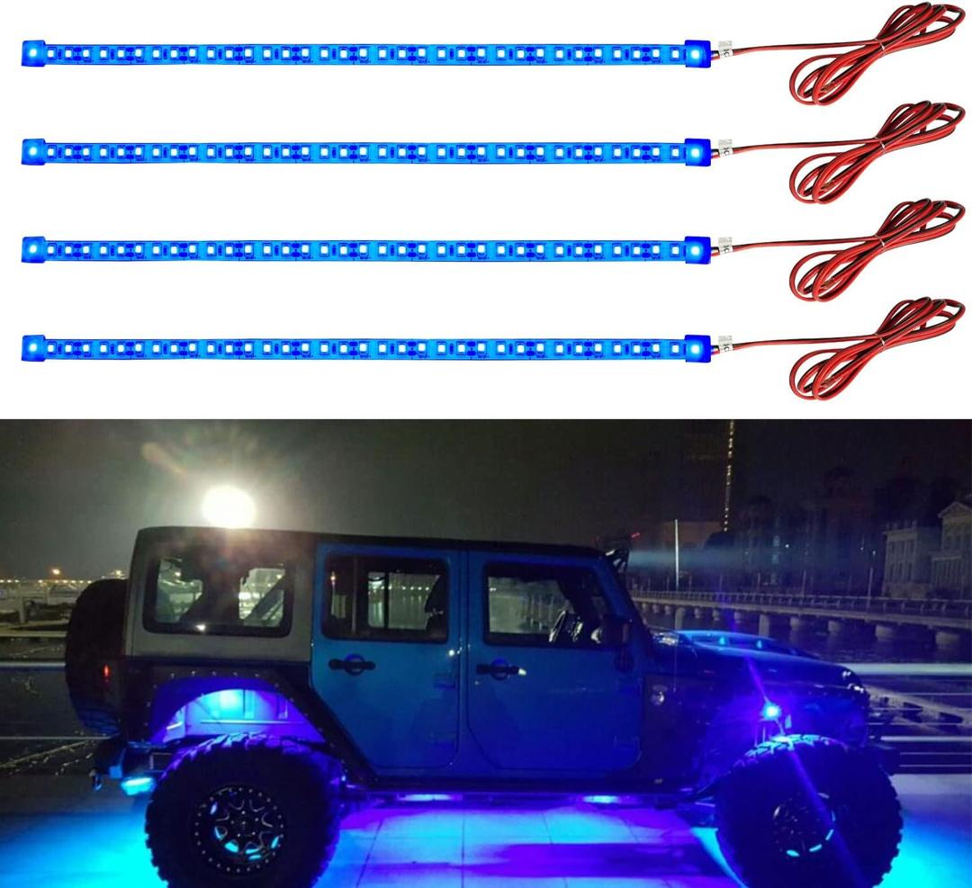 YM E-Bright Blue Led Strip Lights for Cars, 30CM Waterproof Car Underglow Lights Motorcycles Golf Cart Boat Decoration Led Interior Exterior Lights Strip,DC-12V,Pack of 4