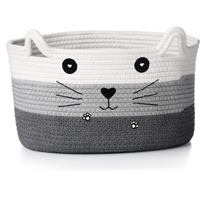 Zopeal Cat Basket Storage Woven Organizer with Ears Decorative Pet Toy Cute Cotton Rope Basket for Gift Cat Dog Toy Bin Nursery Room(13.7 x 7.8 Inch,White, Light Gray, Dark Gray