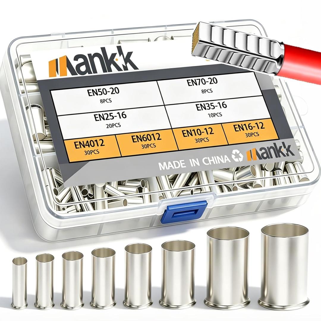 mankk 166PCS Wire Ends Ferrules Kit, 8 Sizes AWG(1/0 2/0 2 4 6 8 10 12) Silver Plated Copper Assortment Electrical Wire Crimp Connectors Terminals
