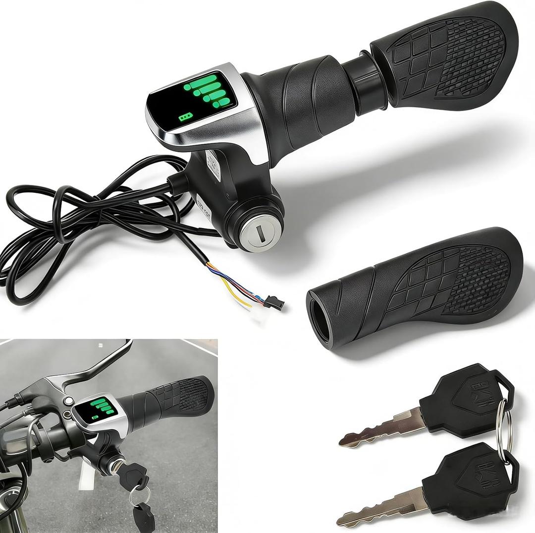 1 Pair 36v Electric Bike Throttle with LCD Display (Power Indicator), Universal 36v Half-Twist Throttle, Grip Lock Key Set Ebike Throttle for Ebike Motorcycle Scooter