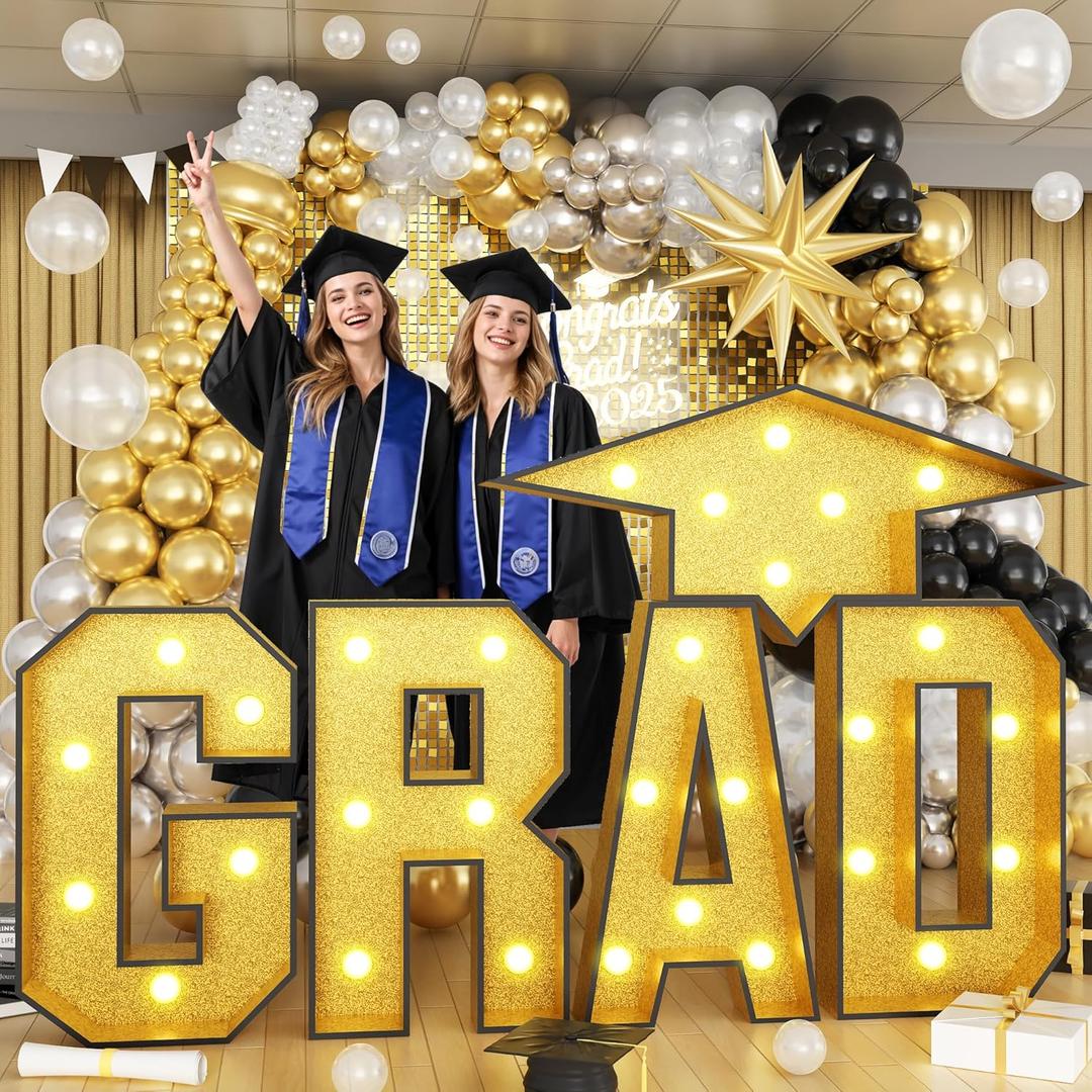 Grad Light Up Letters 3FT for 2025 Graduation Decorations, Gold Large Grad Marquee Letter with Lights Graduation Cap, Grad Letters Pre-Cut Frame for Class of 2025 High School College Grad Party