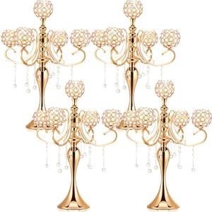 Dandat 4 Pcs 25.6'' 5 Arm Crystal Candelabra Candle Holder Centerpieces Gold Crystal Candelabra Centerpieces Candle Holders Candlestick Formal Party Decorations for Tables Wedding Party Dinner