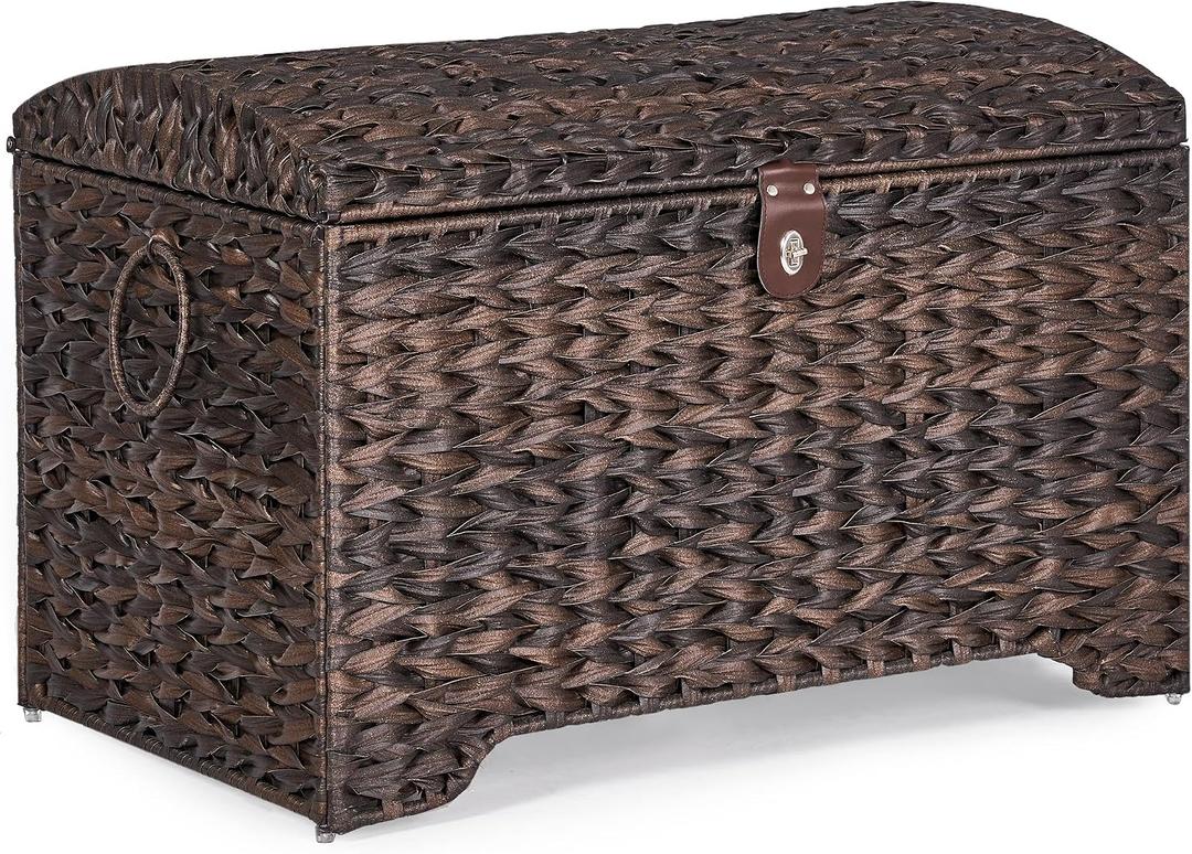 Honjourai Handwoven Storage Basket with Lid, 178L Plastic Rattan Storage Bin, Leather Buckle & Metal Frame, Large Metal Ring Handles, Storage Trunk for Bedroom, Laundry Room