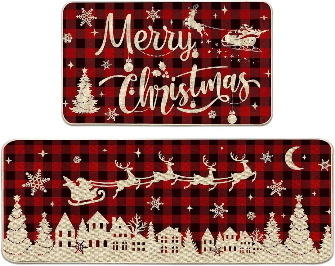 Christmas Kitchen Rugs and Mats Set of 2, Merry Christmas Floor Decor for Home Kitchen, 17x29 and 17x47 Inch