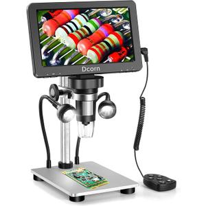 7'' Digital Microscope 1200X, Dcorn 12MP 1080P Photo/Video Microscope for Adults Soldering Coins, Metal Stand, Wired Remote,10 LED Fill Lights,PC View, Windows/Mac Compatible (Silver)