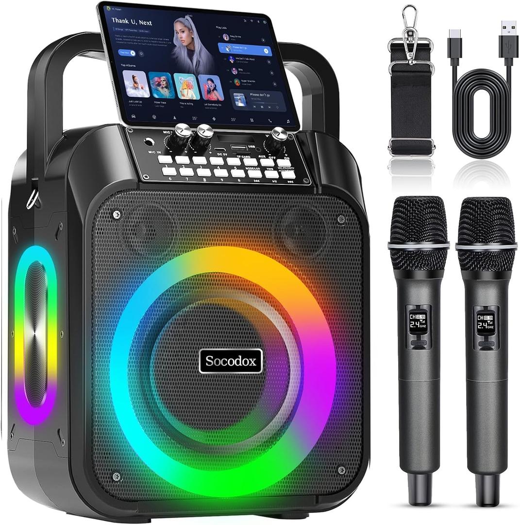 Karaoke Machine,60W Portable Bluetooth Karaoke Speaker with 2 Wireless Microphones,6000mAh Battery 12H Playtime,TWS Stereo,RGB Light,Dual Diaphragm PA System for Adults,Kids,Parties,Singing,DJ