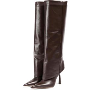 Goolita Fold Over Boots For Women, Pointed Toe Stiletto Heel Knee High Boots Fashion Comfortable Slip On Tall Boots (7, Pu-brown)