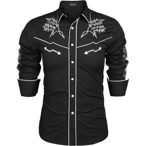 COOFANDY Men's Western Cowboy Shirt Long Sleeve Embroidered Shirt Slim Fit Cotton Casual Button Down Shirt (Medium, 01-black)