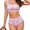 MELYUM High Waisted Bikini Sets for Women Floral Two Piece Bathing Suit Tummy Control Swimsuits Modest Swim Suits 2025 Teens (Medium, Light Pink Color Block Bathing Suit)