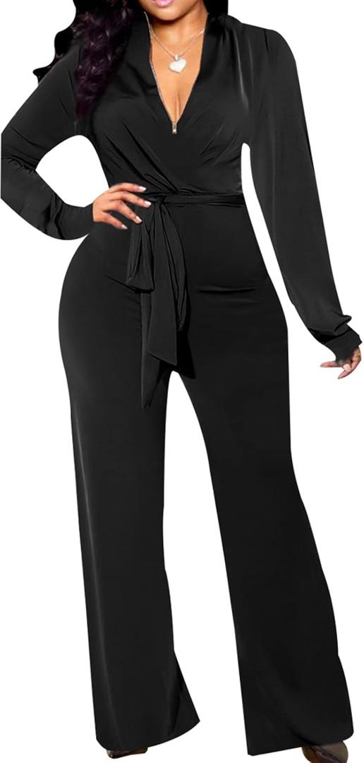 Lachmose Women Jumpsuits Elegant Long Sleeve Sexy V Neck Casual Long Wide Leg Pants with Belt Floral Print Medium
