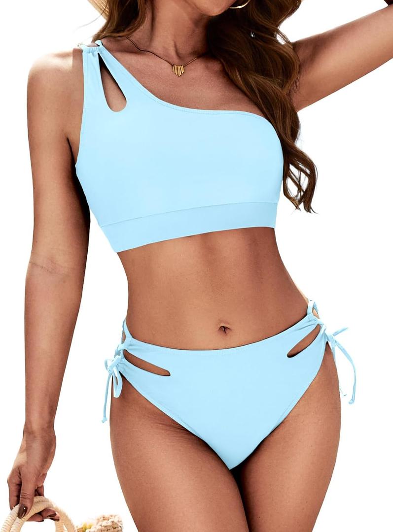 Zilcremo Women Cutout One Shoulder Bikini Set Mid Rise Bikini Swimsuit Two Piece Bathing Suit (Medium, Lightblue)